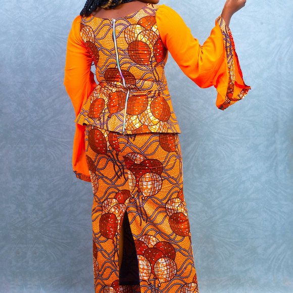 orange luxurious african print truffle sleeves top and straight maxi skirt ngoun - Picture 3 of 4